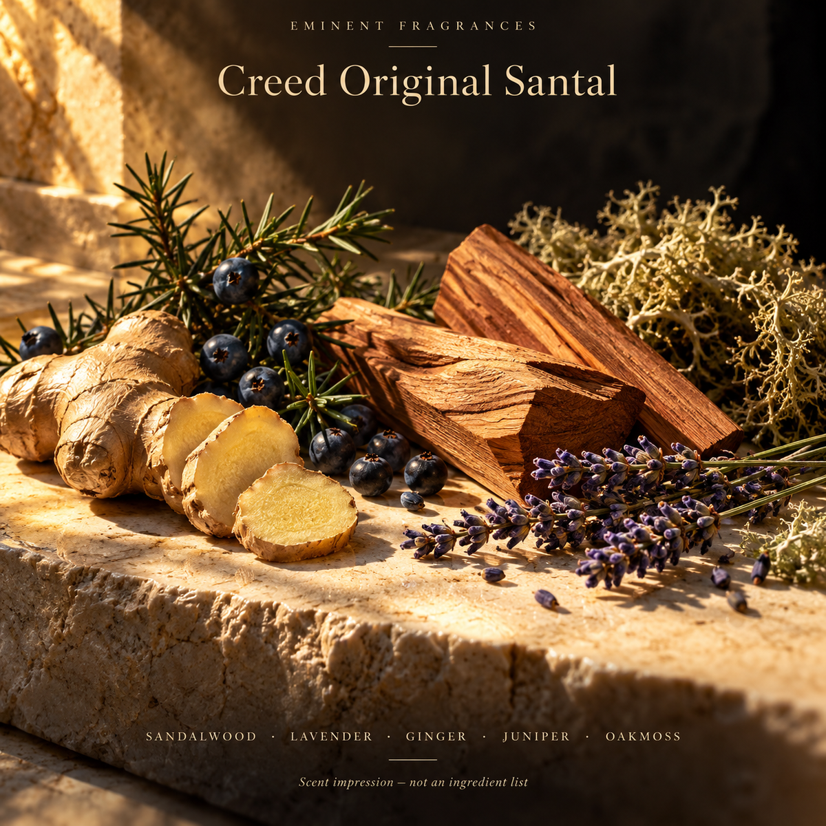 Creed Original Santal Decant scent-note artwork: Top notes: Ginger, Juniper, Bergamot, Rosemary, Coriander, Mandarin | Heart notes: Lavender, Geranium, Orange blossom, Sandalwood | Base notes: Oakmoss, Musk, Tonka bean, Cedarwood. Artistic scent impression, not an ingredient list or items supplied.