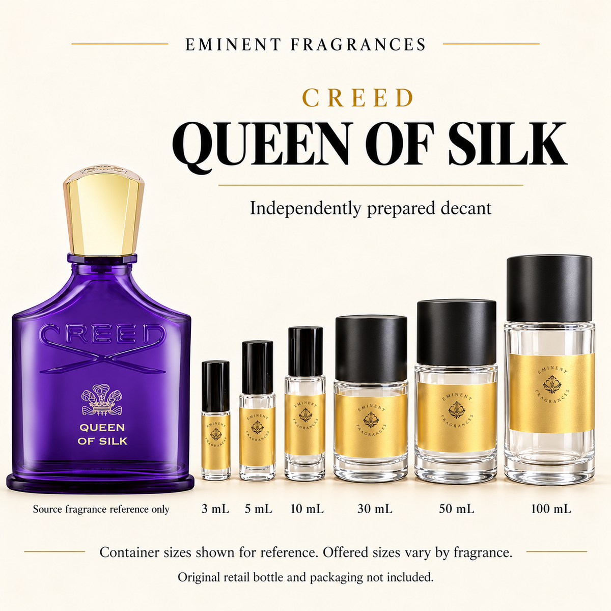 Creed Queen of Silk Decant source fragrance bottle beside Eminent Fragrances decant lineup. Independent decant; original retail bottle and packaging not included.