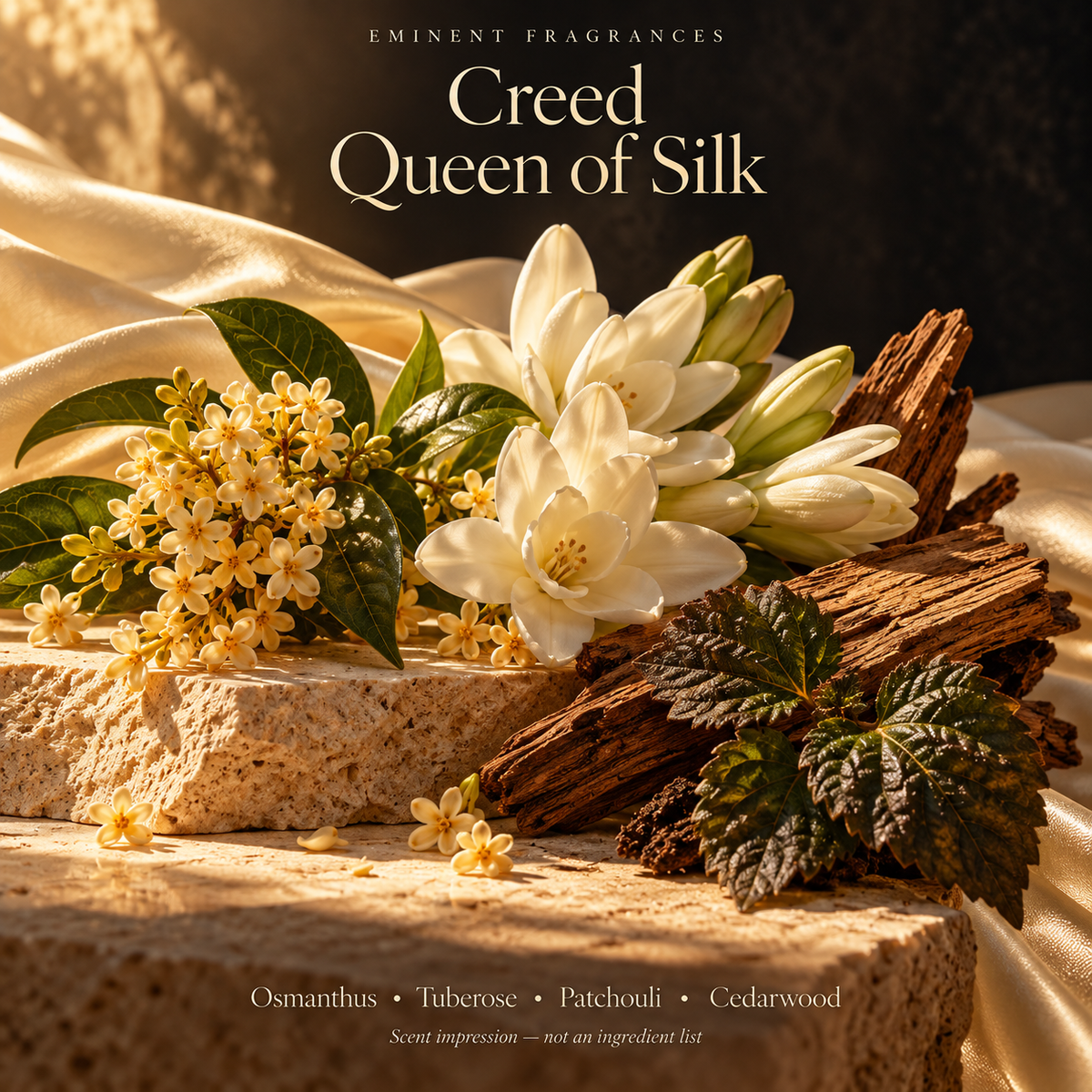 Creed Queen of Silk Decant scent-note artwork: Osmanthus • Tuberose • Patchouli • Cedarwood • Vanilla. Artistic scent impression, not an ingredient list or items supplied.