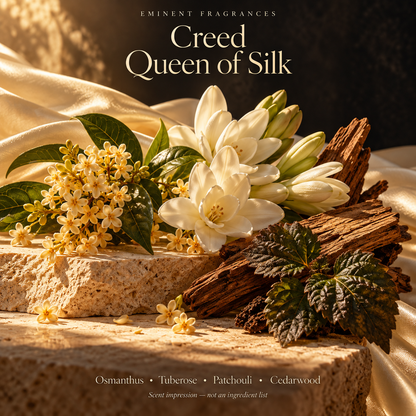 Creed Queen of Silk Decant scent-note artwork: Osmanthus • Tuberose • Patchouli • Cedarwood • Vanilla. Artistic scent impression, not an ingredient list or items supplied.