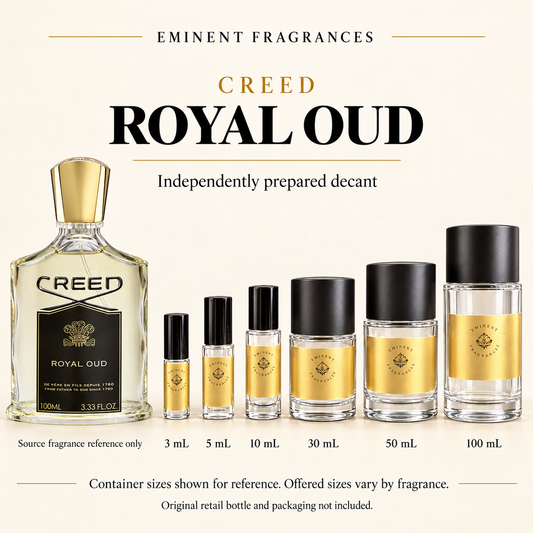 Creed Royal Oud Decant source fragrance bottle beside Eminent Fragrances decant lineup. Independent decant; original retail bottle and packaging not included.