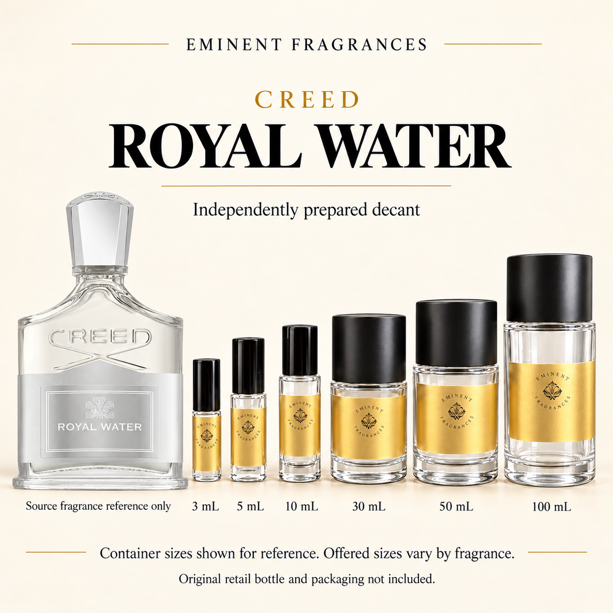 Creed Royal Water Decant source fragrance bottle beside Eminent Fragrances decant lineup. Independent decant; original retail bottle and packaging not included.