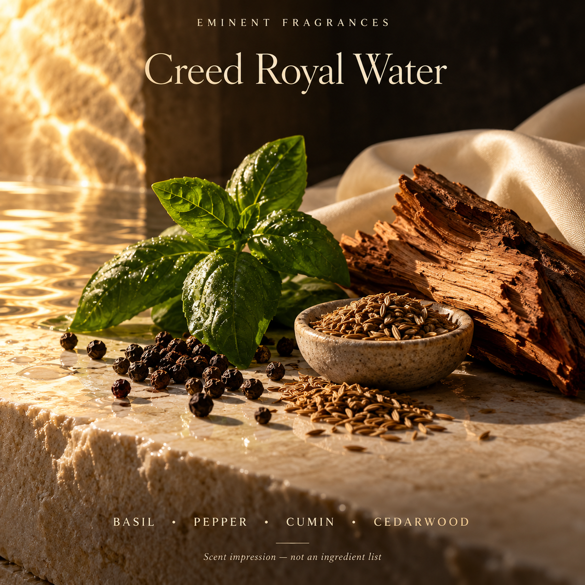 Creed Royal Water Decant scent-note artwork: Citrus • Basil • Pepper • Cumin • Cedarwood • Musk. Artistic scent impression, not an ingredient list or items supplied.
