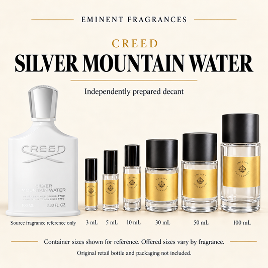 Creed Silver Mountain Water Decant source fragrance bottle beside Eminent Fragrances decant lineup. Independent decant; original retail bottle and packaging not included.