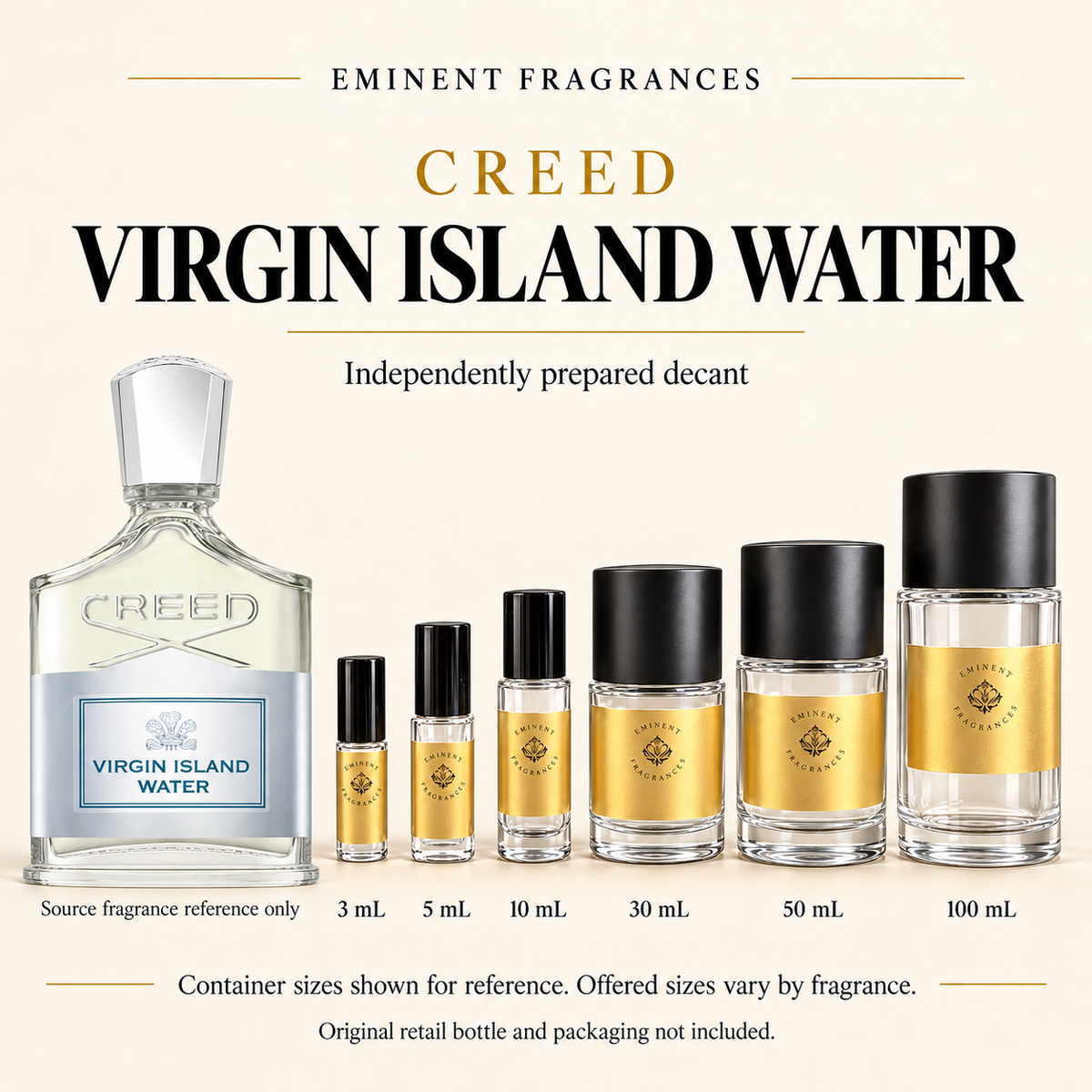 Creed Virgin Island Water Decant source fragrance bottle beside Eminent Fragrances decant lineup. Independent decant; original retail bottle and packaging not included.