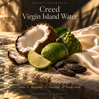 Creed Virgin Island Water Decant scent-note artwork: Lime • Bergamot • Coconut • White florals • Tonka bean • Musk. Artistic scent impression, not an ingredient list or items supplied.