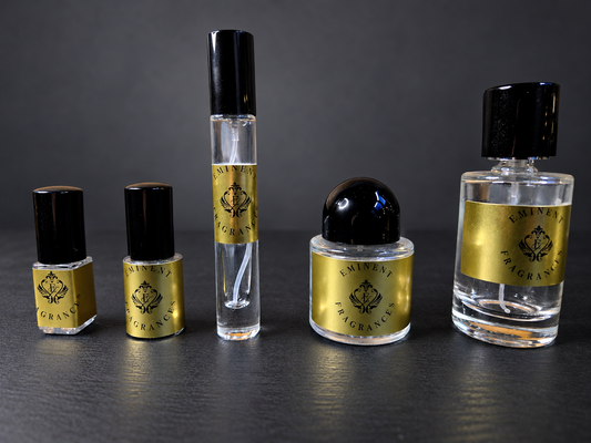 Eminent Fragrances decant containers shown in 3 mL, 5 mL, 10 mL, 30 mL, and 50 mL sizes.