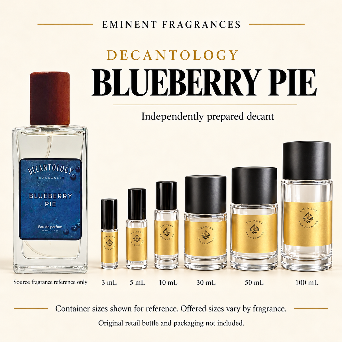 Decantology Blueberry Pie source retail bottle alongside Eminent Fragrances actual decant-container lineup. Independently prepared decant. Original retail bottle and packaging not included. Sizes shown for reference.