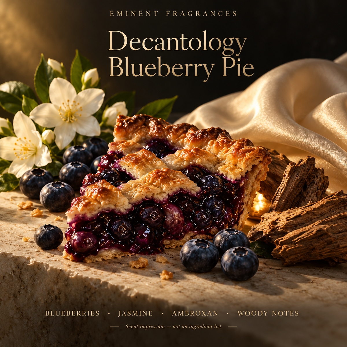 Decantology Blueberry Pie Decant scent-note artwork: Blueberries, Jasmine, Ambroxan, Woody notes. Artistic scent impression, not an ingredient list or items supplied.