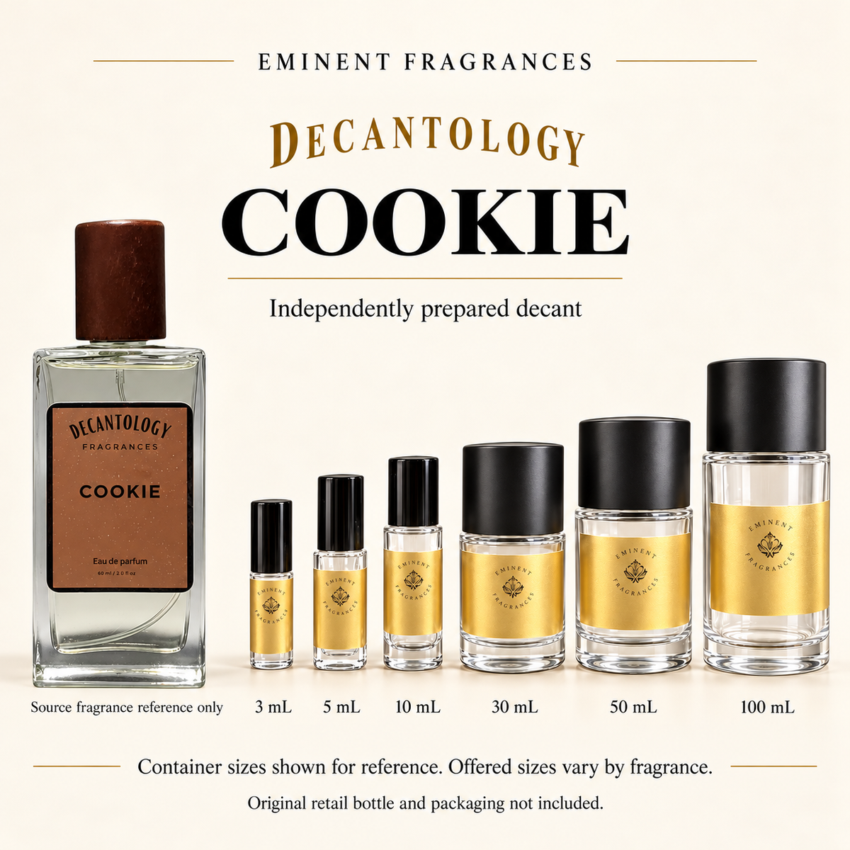 Decantology Cookie source retail bottle alongside Eminent Fragrances actual decant-container lineup. Independently prepared decant. Original retail bottle and packaging not included. Sizes shown for reference.