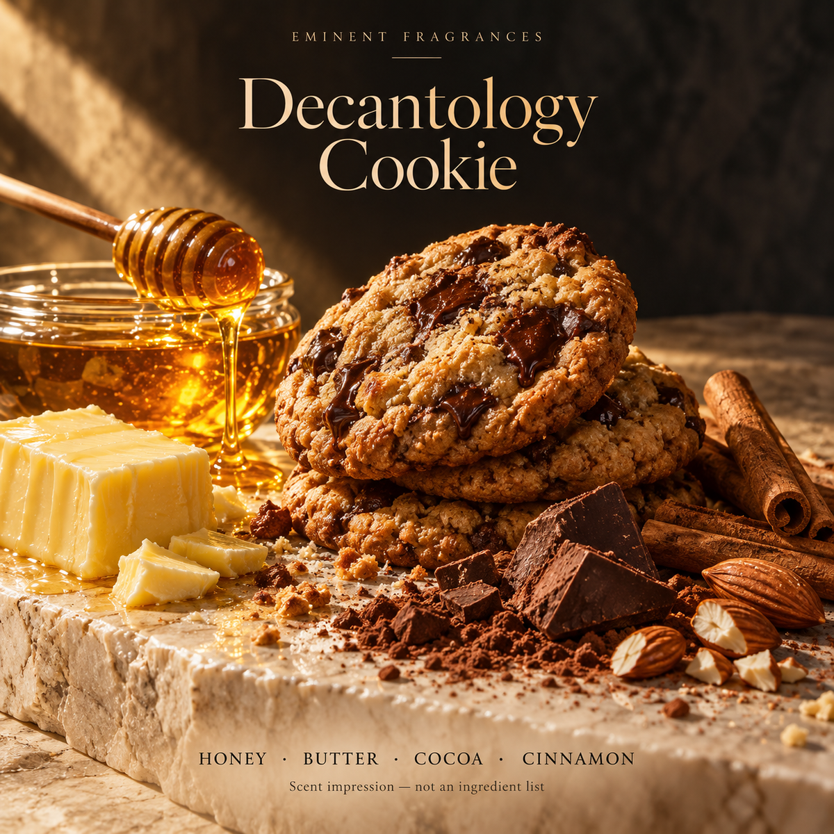 Decantology Cookie Decant scent-note artwork: Honey, Butter, Lemon, Sugar, Cocoa, Cinnamon, Vanilla, Tonka bean, Almond. Artistic scent impression, not an ingredient list or items supplied.