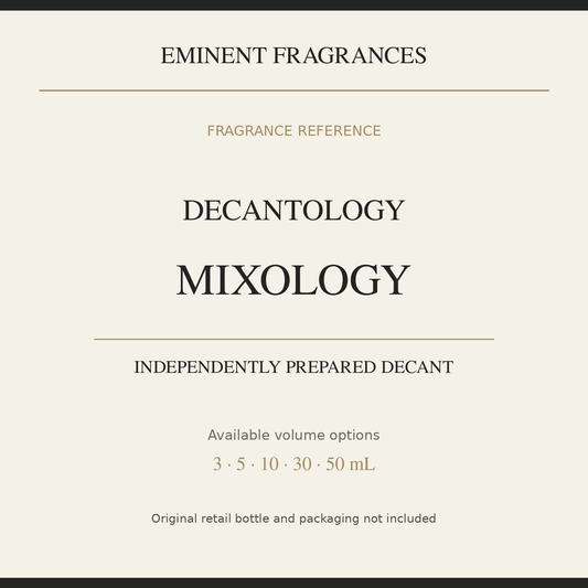Decantology Mixology — independently prepared Eminent Fragrances decant. Original retail bottle not included.
