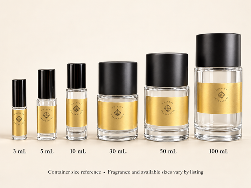Eminent Fragrances actual decant containers: 3 mL, 5 mL, 10 mL, 30 mL, 50 mL and 100 mL. Container reference; available sizes vary by fragrance.
