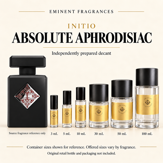 Initio Absolute Aphrodisiac source retail bottle alongside Eminent Fragrances actual decant-container lineup. Independently prepared decant. Original retail bottle and packaging not included. Sizes shown for reference.