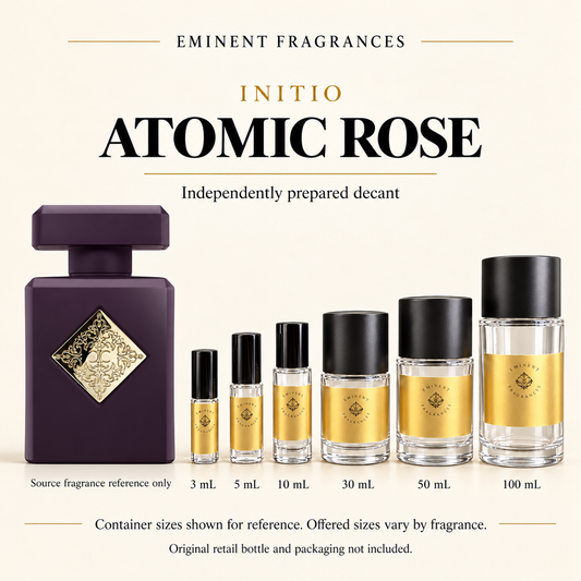 Initio Atomic Rose source retail bottle alongside Eminent Fragrances actual decant-container lineup. Independently prepared decant. Original retail bottle and packaging not included. Sizes shown for reference.