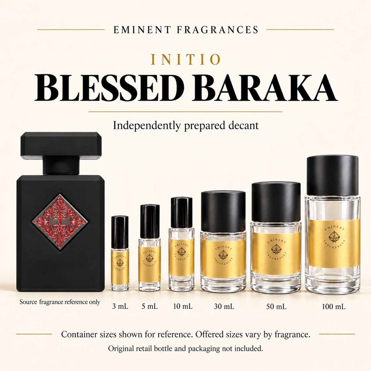 Initio Blessed Baraka source fragrance reference beside Eminent Fragrances six-container decant lineup. Independent decant; original retail bottle and packaging not included. Sizes shown for reference.