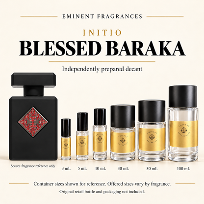 Initio Blessed Baraka source fragrance reference beside Eminent Fragrances six-container decant lineup. Independent decant; original retail bottle and packaging not included. Sizes shown for reference.