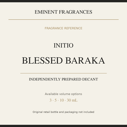 Initio Blessed Baraka — independently prepared Eminent Fragrances decant. Original retail bottle not included.