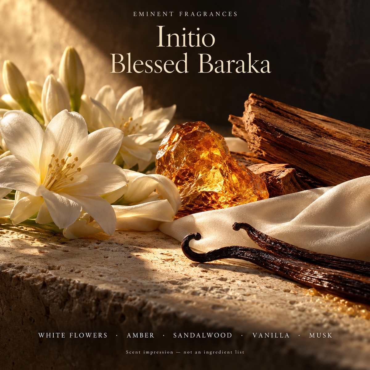 Initio Blessed Baraka Decant scent-note artwork: White flowers · Amber · Sandalwood · Vanilla · Musk. Artistic scent impression, not an ingredient list or items supplied.