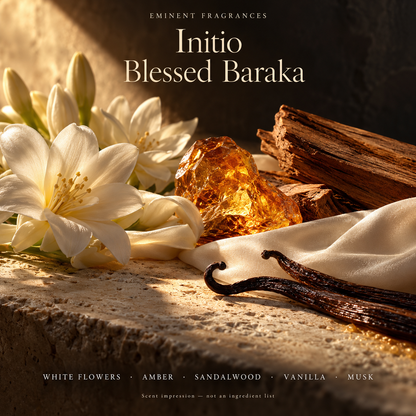 Initio Blessed Baraka Decant scent-note artwork: White flowers · Amber · Sandalwood · Vanilla · Musk. Artistic scent impression, not an ingredient list or items supplied.