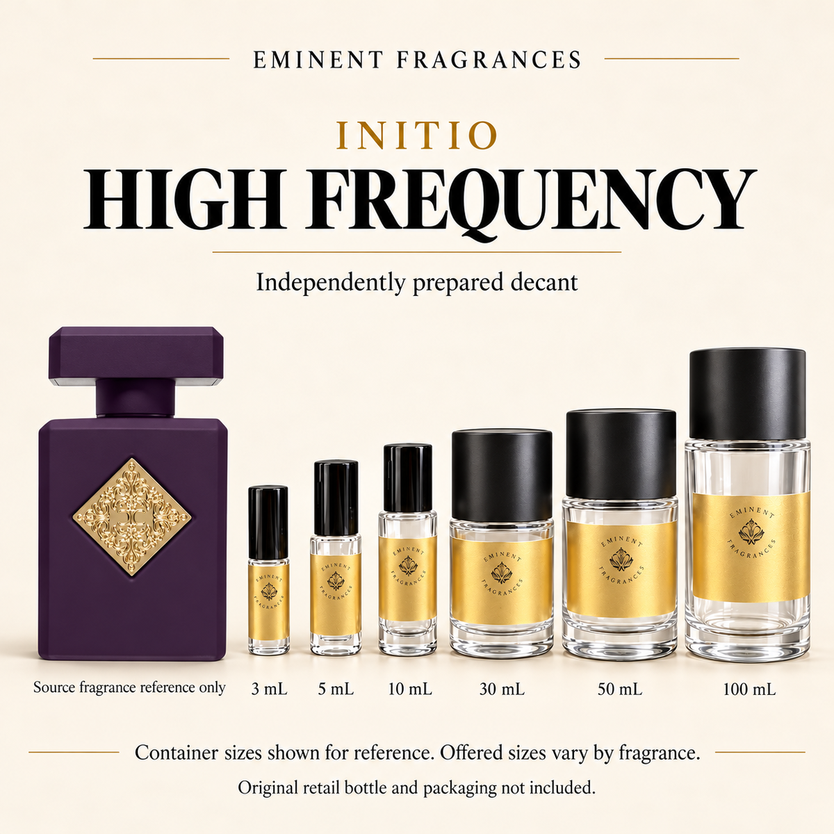 Initio High Frequency source fragrance reference beside Eminent Fragrances six-container decant lineup. Independent decant; original retail bottle and packaging not included. Sizes shown for reference.