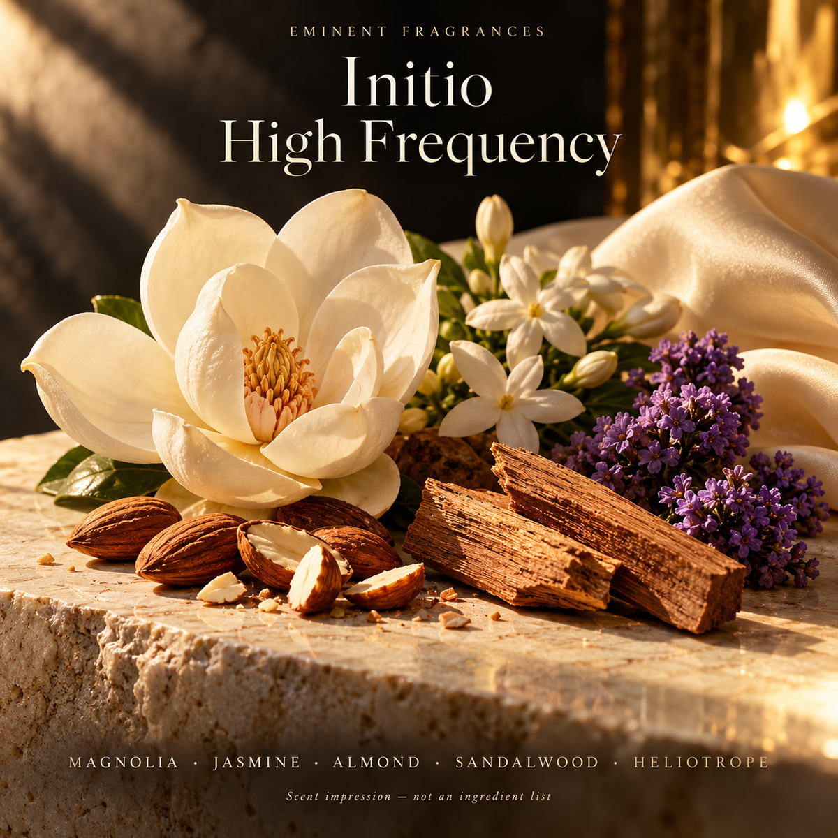 Initio High Frequency Decant scent-note artwork: Magnolia · Jasmine · Vanilla · Almond · Sandalwood · Heliotrope · Hedione. Artistic scent impression, not an ingredient list or items supplied.