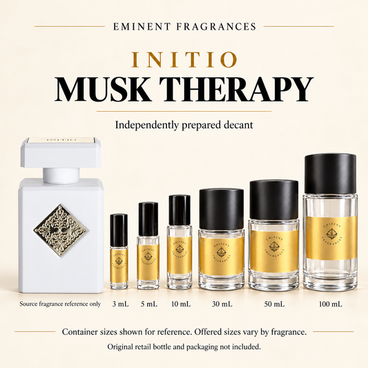 Initio Musk Therapy source fragrance reference beside Eminent Fragrances six-container decant lineup. Independent decant; original retail bottle and packaging not included. Sizes shown for reference.