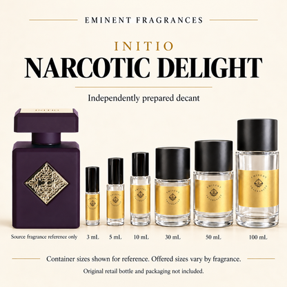 Initio Narcotic Delight source fragrance reference beside Eminent Fragrances six-container decant lineup. Independent decant; original retail bottle and packaging not included. Sizes shown for reference.