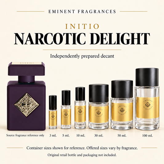 Initio Narcotic Delight source fragrance reference beside Eminent Fragrances six-container decant lineup. Independent decant; original retail bottle and packaging not included. Sizes shown for reference.