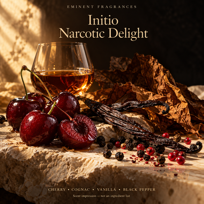 Initio Narcotic Delight Decant scent-note artwork: Cherry • Cognac • Vanilla • Black pepper • Pink pepper • Tobacco • Hedione. Artistic scent impression, not an ingredient list or items supplied.