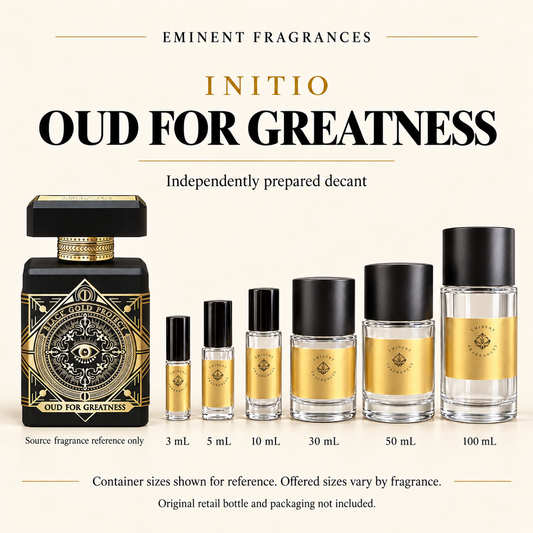 Initio Oud for Greatness source fragrance reference beside Eminent Fragrances six-container decant lineup. Independent decant; original retail bottle and packaging not included. Sizes shown for reference.