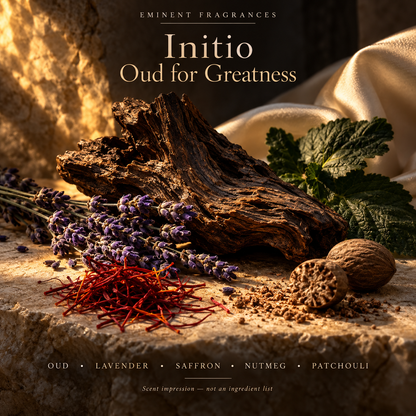 Initio Oud for Greatness Decant scent-note artwork: Oud • Lavender • Saffron • Patchouli • Nutmeg • Musk. Artistic scent impression, not an ingredient list or items supplied.