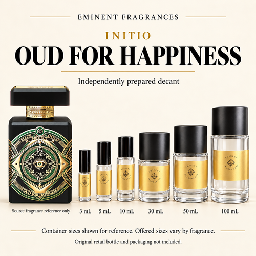 Initio Oud for Happiness source fragrance reference beside Eminent Fragrances six-container decant lineup. Independent decant; original retail bottle and packaging not included. Sizes shown for reference.