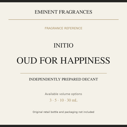 Initio Oud for Happiness — independently prepared Eminent Fragrances decant. Original retail bottle not included.
