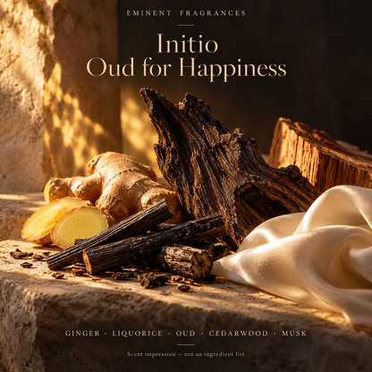 Initio Oud for Happiness Decant scent-note artwork: Bergamot · Ginger · Liquorice · Vanilla · Cedarwood · Oud · Musk. Artistic scent impression, not an ingredient list or items supplied.