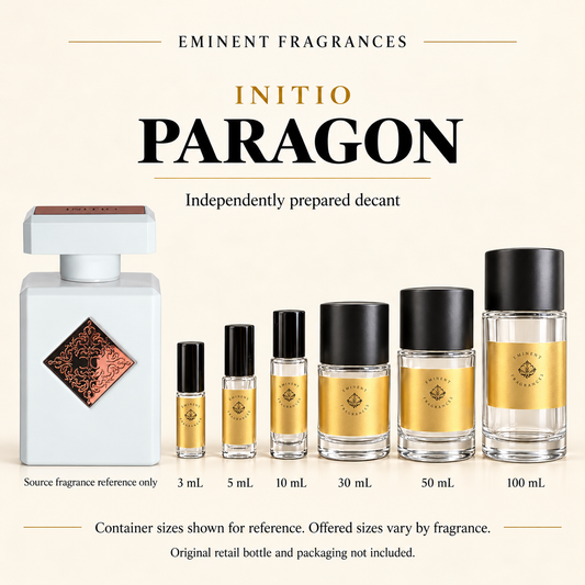 Initio Paragon source fragrance reference beside Eminent Fragrances six-container decant lineup. Independent decant; original retail bottle and packaging not included. Sizes shown for reference.