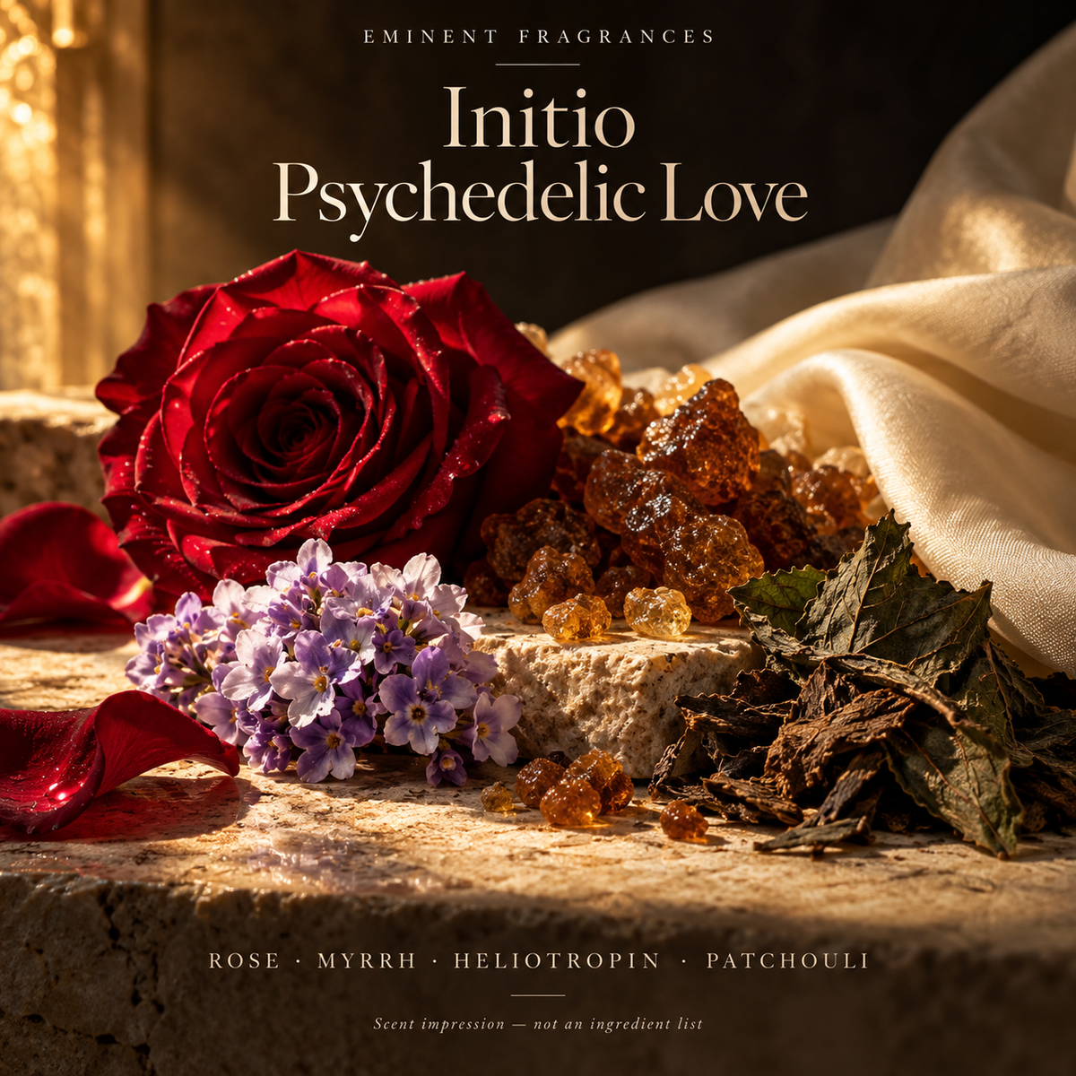 Initio Psychedelic Love Decant scent-note artwork: Bergamot · Rose · Myrrh · Vanilla · Patchouli · Heliotropin · Hedione. Artistic scent impression, not an ingredient list or items supplied.