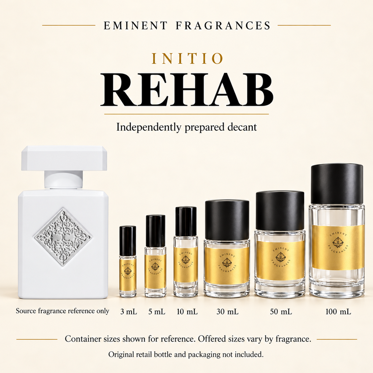 Initio Rehab source fragrance reference beside Eminent Fragrances six-container decant lineup. Independent decant; original retail bottle and packaging not included. Sizes shown for reference.