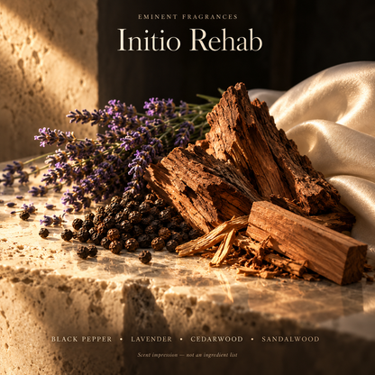 Initio Rehab Decant scent-note artwork: Bergamot • Black pepper • Lavender • Cedarwood • Patchouli • Sandalwood • Musk. Artistic scent impression, not an ingredient list or items supplied.