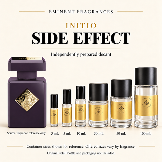 Initio Side Effect source fragrance reference beside Eminent Fragrances six-container decant lineup. Independent decant; original retail bottle and packaging not included. Sizes shown for reference.