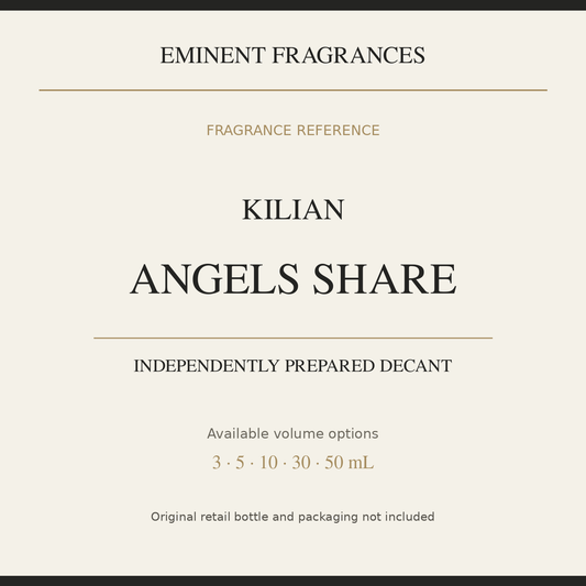 Kilian Angels Share — independently prepared Eminent Fragrances decant. Original retail bottle not included.