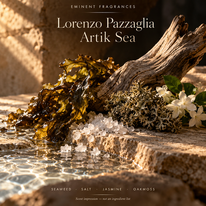 Lorenzo Pazzaglia Artik Sea Decant scent-note artwork: Top notes: Bergamot, Lime, Yuzu, Grapefruit, Mandarin, Orange blossom, Pink pepper, Ozone, Aquatic, Green notes, Absinthe | Heart notes: Rose, Jasmine, Davana, White flowers, Fig, Myrtle, Marine, Wisteria | Base notes: Oakmoss, Seaweed, Ambrette, Salt, Patchouli, Woods, Ambergris. Artistic scent impression, not an ingredient list or items supplied.