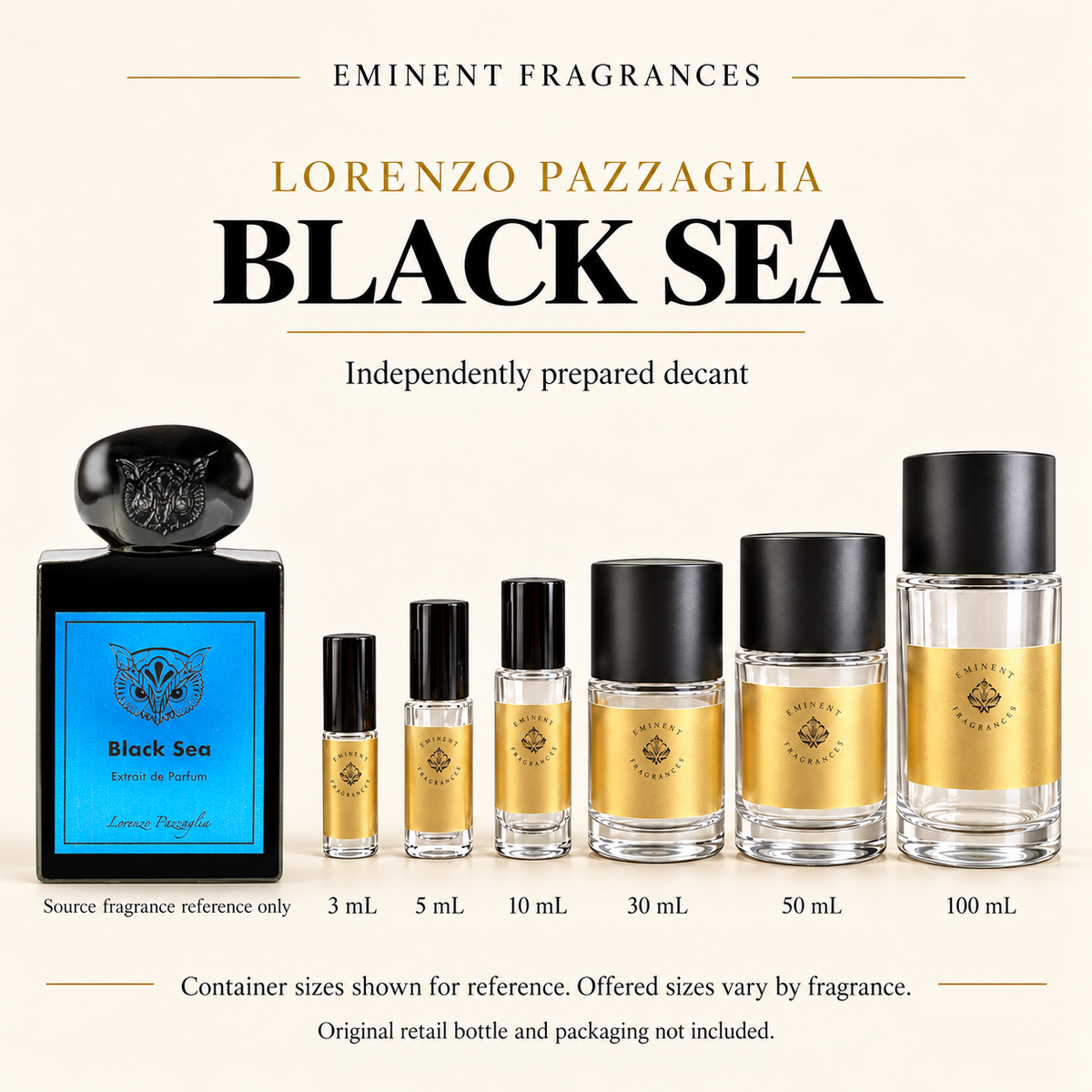 Lorenzo Pazzaglia Black Sea source fragrance reference beside Eminent Fragrances six-container decant lineup. Independent decant; original retail bottle and packaging not included. Sizes shown for reference.