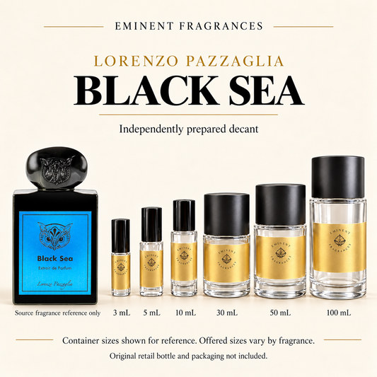 Lorenzo Pazzaglia Black Sea source fragrance reference beside Eminent Fragrances six-container decant lineup. Independent decant; original retail bottle and packaging not included. Sizes shown for reference.