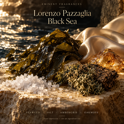 Lorenzo Pazzaglia Black Sea Decant scent-note artwork: Top notes: Bergamot, Myrtle, Salt, Ozone, Aquatic | Heart notes: Orange blossom, Ylang-ylang, Marine | Base notes: Seaweed, Musk, Patchouli, Oakmoss, Ambergris. Artistic scent impression, not an ingredient list or items supplied.