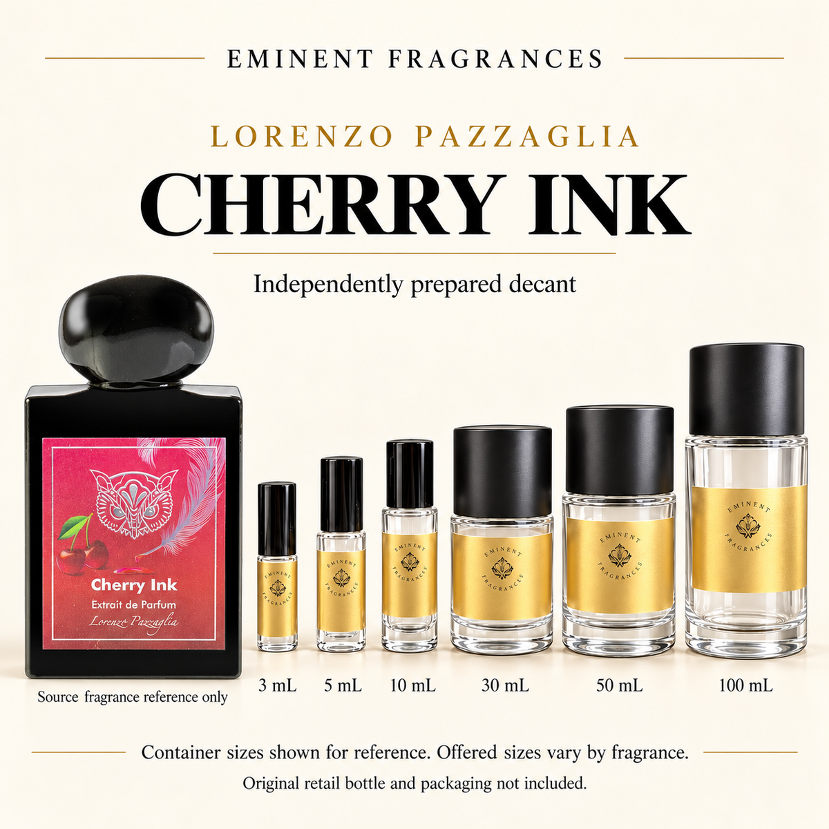 Lorenzo Pazzaglia Cherry Ink source fragrance reference beside Eminent Fragrances six-container decant lineup. Independent decant; original retail bottle and packaging not included. Sizes shown for reference.