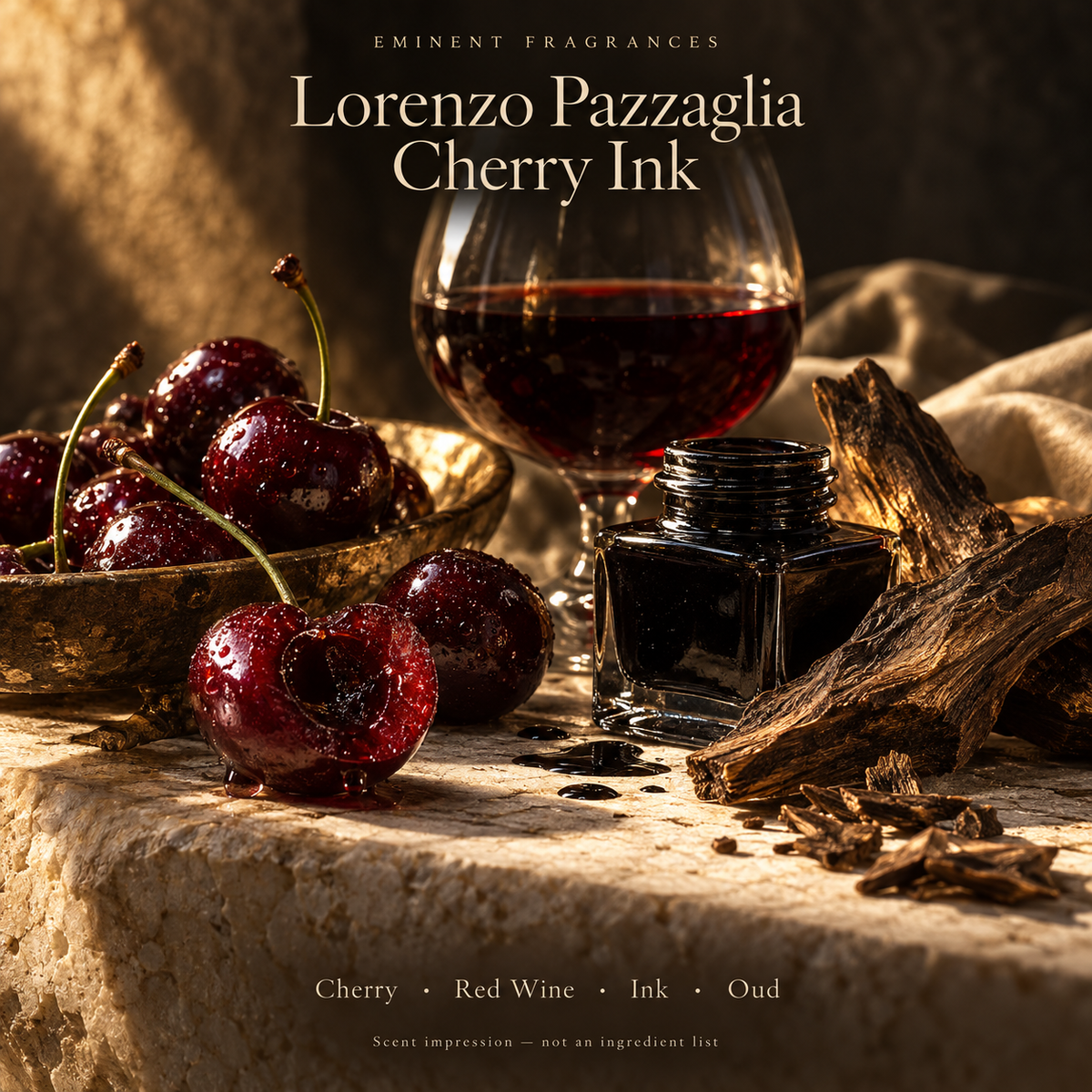Lorenzo Pazzaglia Cherry Ink Decant scent-note artwork: Top notes: Cherry, Bergamot, Black pepper, Rum, Black cherry | Heart notes: Red wine, Rose, Jasmine, Lily of the valley, Mimosa, Spices, Ink, Myrrh | Base notes: Vanilla, Tonka bean, Woods, Patchouli, Benzoin, Amber, Musk, Oud. Artistic scent impression, not an ingredient list or items supplied.
