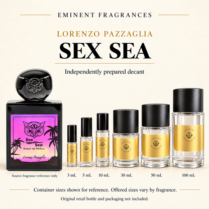 Lorenzo Pazzaglia Sex Sea source fragrance reference beside Eminent Fragrances six-container decant lineup. Independent decant; original retail bottle and packaging not included. Sizes shown for reference.
