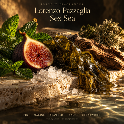 Lorenzo Pazzaglia Sex Sea Decant scent-note artwork: Top notes: Absinthe, Mint, Yuzu, Bergamot, Citrus, Orange, Mandarin, Grapefruit, Pink pepper | Heart notes: Fig, Ozone, Marine, White flowers, Myrtle, Oakmoss, Cedarwood | Base notes: Seaweed, Salt, Ambergris, Patchouli. Artistic scent impression, not an ingredient list or items supplied.