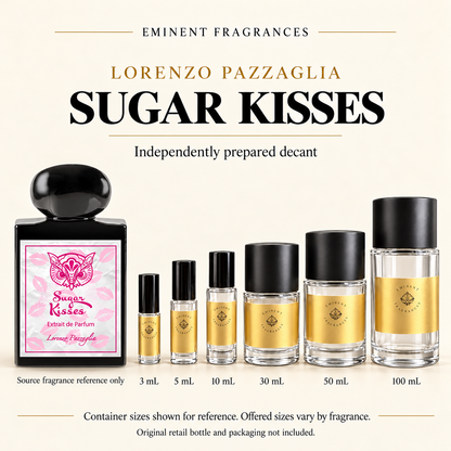Lorenzo Pazzaglia Sugar Kisses source fragrance reference beside Eminent Fragrances six-container decant lineup. Independent decant; original retail bottle and packaging not included. Sizes shown for reference.
